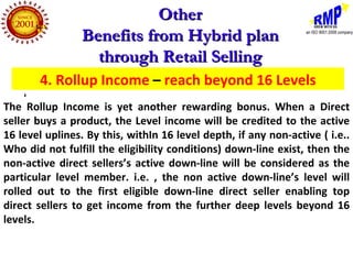 Other
                Benefits from Hybrid plan
                  through Retail Selling
       4. Rollup Income – reach beyond 16 Levels
The Rollup Income is yet another rewarding bonus. When a Direct
seller buys a product, the Level income will be credited to the active
16 level uplines. By this, withIn 16 level depth, if any non-active ( i.e..
Who did not fulfill the eligibility conditions) down-line exist, then the
non-active direct sellers’s active down-line will be considered as the
particular level member. i.e. , the non active down-line’s level will
rolled out to the first eligible down-line direct seller enabling top
direct sellers to get income from the further deep levels beyond 16
levels.


                * all calculations done on BV Value not on MRP
 