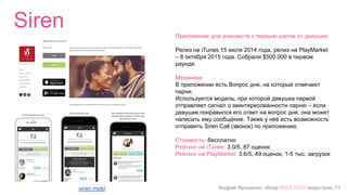 Андрей Ярошенко, обзор #SEXTECH индустрии, 11
Siren
siren.mobi
Приложение для знакомств с первым шагом от девушки
Релиз на iTunes 15 июля 2014 года, релиз на PlayMarket
– 8 октября 2015 года. Собрали $500.000 в первом
раунде.
Механика:
В приложении есть Вопрос дня, на который отвечают
парни.
Используется модель, при которой девушка первой
отправляет сигнал о заинтересованности парню – если
девушке понравился его ответ на вопрос дня, она может
написать ему сообщение. Также у неё есть возможность
отправить Siren Call (звонок) по приложению.
Стоимость: бесплатно
Рейтинг на iTunes: 3.0/5, 87 оценок
Рейтинг на PlayMarket: 3.6/5, 49 оценок, 1-5 тыс. загрузок
 
