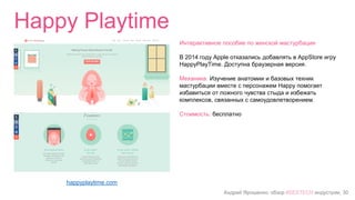 Андрей Ярошенко, обзор #SEXTECH индустрии, 30
Happy Playtime
happyplaytime.com
Интерактивное пособие по женской мастурбации
В 2014 году Apple отказались добавлять в AppStore игру
HappyPlayTime. Доступна браузерная версия.
Механика: Изучение анатомии и базовых техник
мастурбации вместе с персонажем Happy помогает
избавиться от ложного чувства стыда и избежать
комплексов, связанных с самоудовлетворением.
Стоимость: бесплатно
 