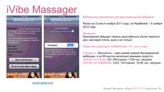 Андрей Ярошенко, обзор #SEXTECH индустрии, 34
iVibe Massager
itunes.apple.com
Мобильное приложение для массажирующей вибрации
Релиз на iTunes 4 ноября 2011 года, на PlayMarket – 9 ноября
2012 года.
Механика:
Приложение обещает помочь расслабиться после тяжелого
дня, массируя плечи, руки и не только.
Покрытие аудитории: iOS&Android, 17+, англ. язык
Стоимость: бесплатно – один режим ровной беспрерывной
вибрации, а за 99 центов несколько режимов скорости
Рейтинг на iTunes: 3/5, 299 оценок, >100 тыс. загрузок
Рейтинг на PlayMarket: 3.6/5, 144 оценки, 10-50 тыс. загрузок
 