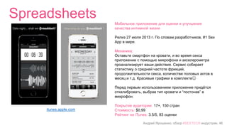 Андрей Ярошенко, обзор #SEXTECH индустрии, 46
Spreadsheets
itunes.apple.com
Мобильное приложение для оценки и улучшения
качества интимной жизни
Релиз 27 июля 2013 г. По словам разработчиков, #1 Sex
App в мире.
Механика:
Оставьте смартфон на кровати, и во время секса
приложение с помощью микрофона и акселерометра
проанализирует ваши действия. Сервис собирает
статистику о средней частоте фрикций,
продолжительности секса, количестве половых актов в
месяц и т.д. Красивые графики в комплекте☺
Перед первым использованием приложение придётся
откалибровать, выбрав тип кровати и “постонав” в
микрофон.
Покрытие аудитории: 17+, 150 стран
Стоимость: $0,99
Рейтинг на iTunes: 3.5/5, 83 оценки
 