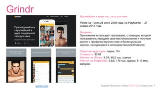 Андрей Ярошенко, обзор #SEXTECH индустрии, 7
Grindr
grindr.com
Крупнейшая в мире соц. сеть для геев
Релиз на iTunes 25 июня 2009 года, на PlayMarket – 27
января 2012 года.
Механика:
Приложение использует геолокацию, с помощью которой
пользователь передаёт свое местоположение и получает
доступ к профилям мужчин-геев и бисексуальных
мужчин, находящихся в непосредственной близости.
Покрытие аудитории: парни, 18+
Стоимость: $0.99
Рейтинг на iTunes: 3.0/5, 48,5 тыс. оценок
Рейтинг на PlayMarket: 3.6/5, 176 тыс. оценок, 5-10 млн.
загрузок
 