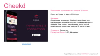 Андрей Ярошенко, обзор #SEXTECH индустрии, 9
Cheekd
cheekd.com
Приложение для знакомств в радиусе 30 шагов
Релиз на iTunes 10 марта 2014 года.
Механика:
Приложение использует Bluetooth смартфона для
соединения с людьми вокруг вас в режиме реального
времени. Вам придет уведомление, когда другой
пользователь окажется в радиусе 30 шагов от вас.
Стоимость: бесплатно
Рейтинг на iTunes: 3.5/5, 44 оценки
 