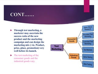 CONT……
 Through test marketing, a
marketer may ascertain the
success ratio of the new
product and the marketing
campaign and can design the
marketing mix ( viz. Product,
price, place, promotion) very
well before its launch.
 The test marketing of the
consumer goods and the
industrial goods vary.
 