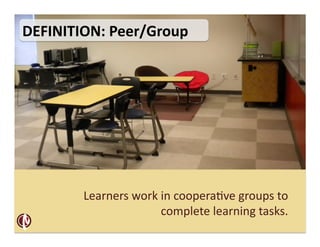 DEFINITION:	
  Peer/Group	
  




          Learners	
  work	
  in	
  coopera2ve	
  groups	
  to	
  
                              complete	
  learning	
  tasks.	
  	
  	
  
 