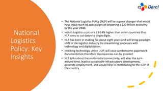 National
Logistics
Policy: Key
Insights
• The National Logistics Policy (NLP) will be a game changer that would
help India reach its apex target of becoming a $20 trillion economy
by the year 2040.
• India’s Logistics costs are 13-14% higher than other countries thus
NLP aims to cut-down to single digits.
• NLP has been in making for about eight years and will bring paradigm
shift in the logistics industry by streamlining processes with
technology and digitalization.
• Imbibing technology under ULIP, will ease cumbersome paperwork
documentation therefore discrepancies can be avoided.
• NLP talks about the multimodal connectivity, will alter the turn-
around time, lead to sustainable infrastructure development,
generate employment, and would help in contributing to the GDP of
the country.
 