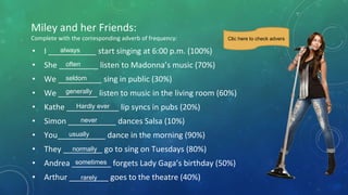 Miley and her Friends:
Complete with the corresponding adverb of frequency:
• I ___________ start singing at 6:00 p.m. (100%)
• She _________ listen to Madonna’s music (70%)
• We __________ sing in public (30%)
• We _________ listen to music in the living room (60%)
• Kathe ____________ lip syncs in pubs (20%)
• Simon ___________ dances Salsa (10%)
• You___________ dance in the morning (90%)
• They _________ go to sing on Tuesdays (80%)
• Andrea _________ forgets Lady Gaga’s birthday (50%)
• Arthur _________ goes to the theatre (40%)
always
often
seldom
generally
Hardly ever
never
usually
normally
sometimes
rarely
Clic here to check advers
 