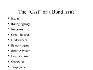 The “Cast” of a Bond issue ,[object Object],[object Object],[object Object],[object Object],[object Object],[object Object],[object Object],[object Object],[object Object],[object Object]