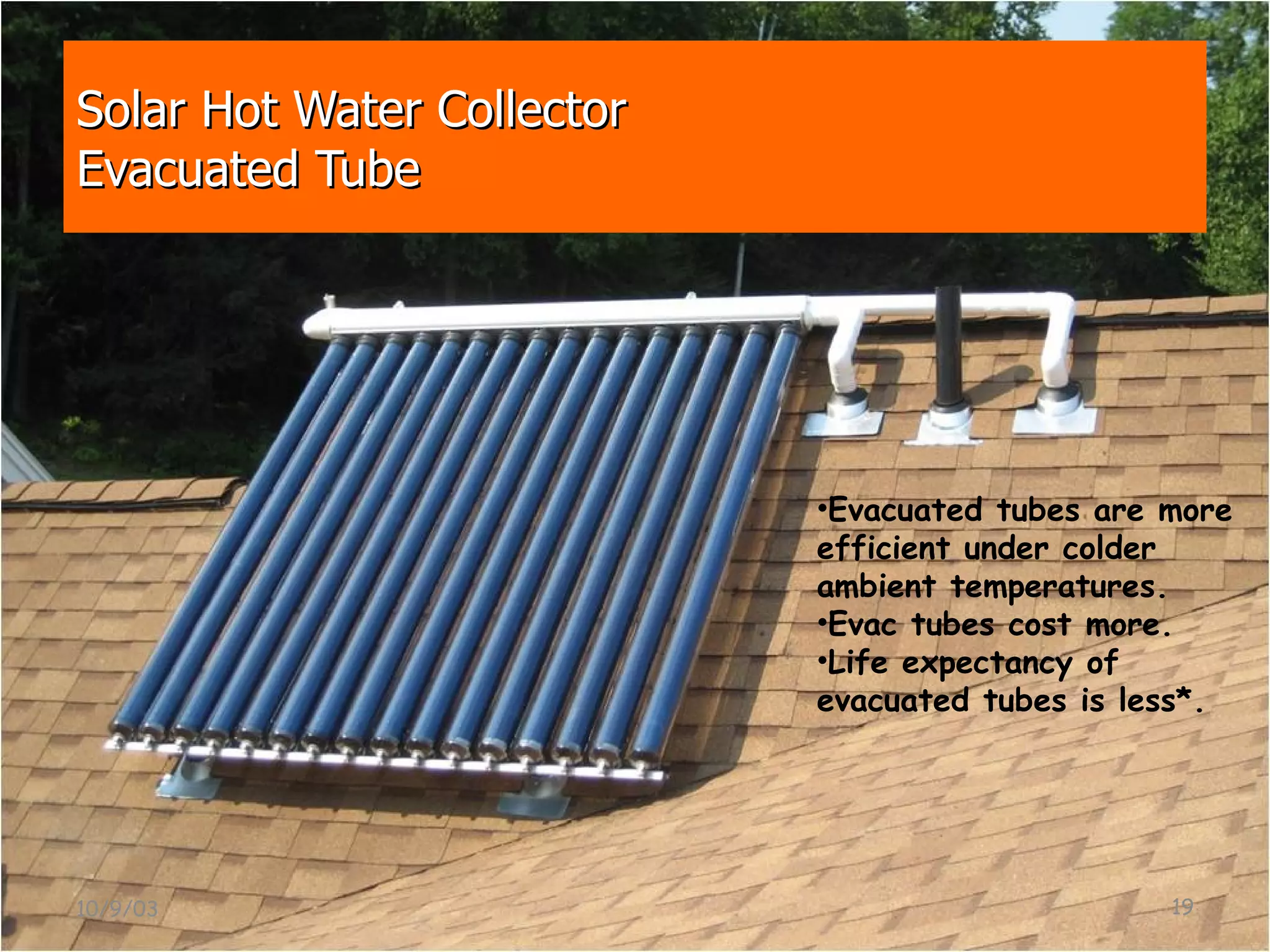 Solar Hot Water Collector Evacuated Tube 10/9/03 Evacuated tubes are more efficient under colder ambient temperatures. Evac tubes cost more. Life expectancy of evacuated tubes is less*. 