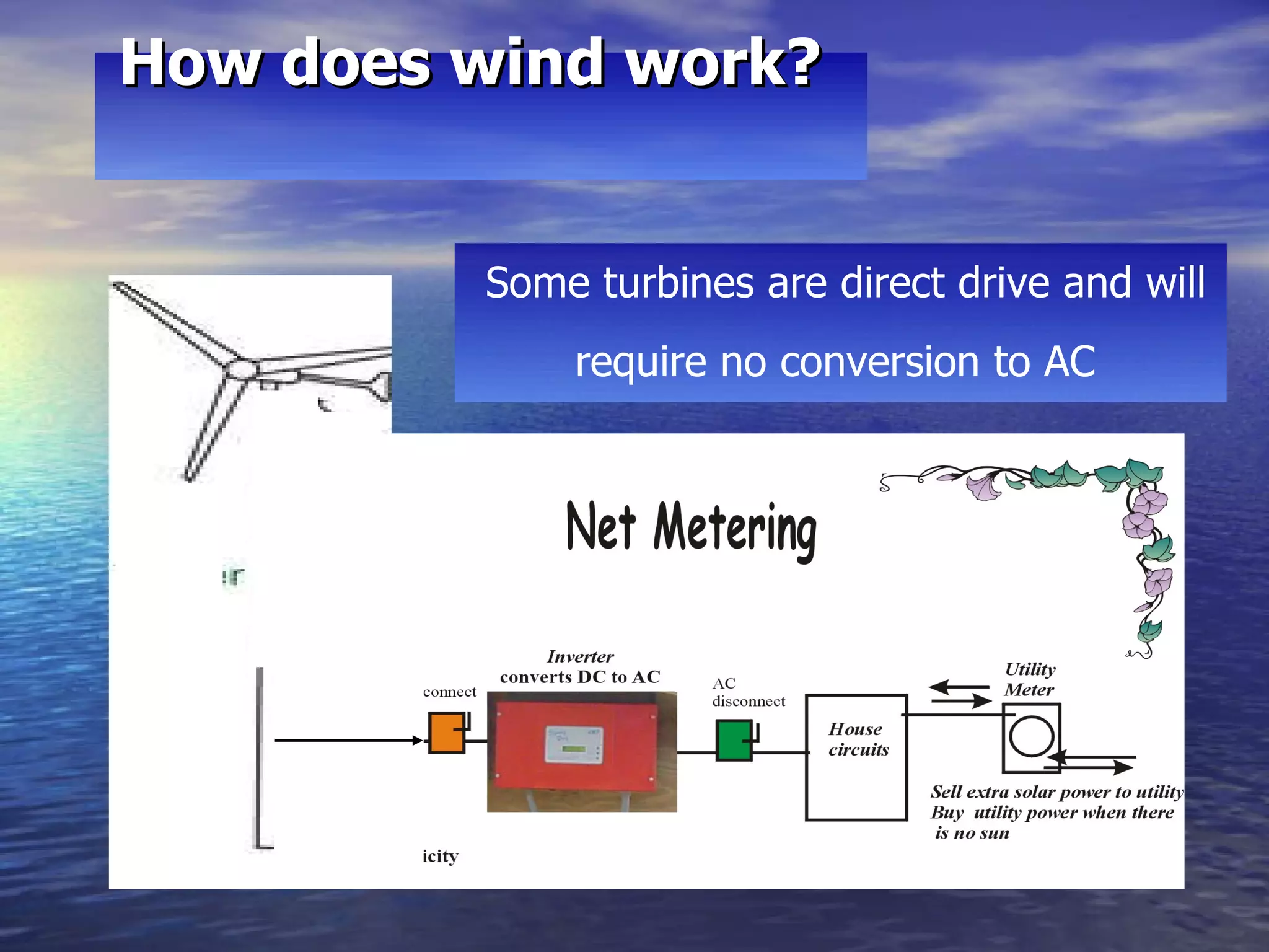 How does wind work?   Some turbines are direct drive and will require no conversion to AC   