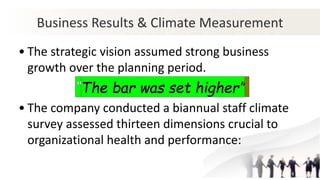 Business Results & Climate Measurement
• The strategic vision assumed strong business
growth over the planning period.
• The company conducted a biannual staff climate
survey assessed thirteen dimensions crucial to
organizational health and performance:
 