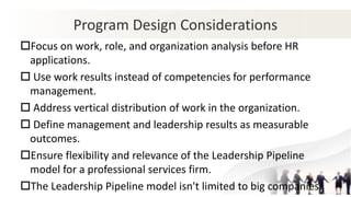 Program Design Considerations
Focus on work, role, and organization analysis before HR
applications.
 Use work results instead of competencies for performance
management.
 Address vertical distribution of work in the organization.
 Define management and leadership results as measurable
outcomes.
Ensure flexibility and relevance of the Leadership Pipeline
model for a professional services firm.
The Leadership Pipeline model isn't limited to big companies.
 