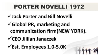 PORTER NOVELLI 1972
Jack Porter and Bill Novelli
Global PR, marketing and
communication firm(NEW YORK).
CEO Jillian Janaczek
Est. Employees 1.0-5.0K
 
