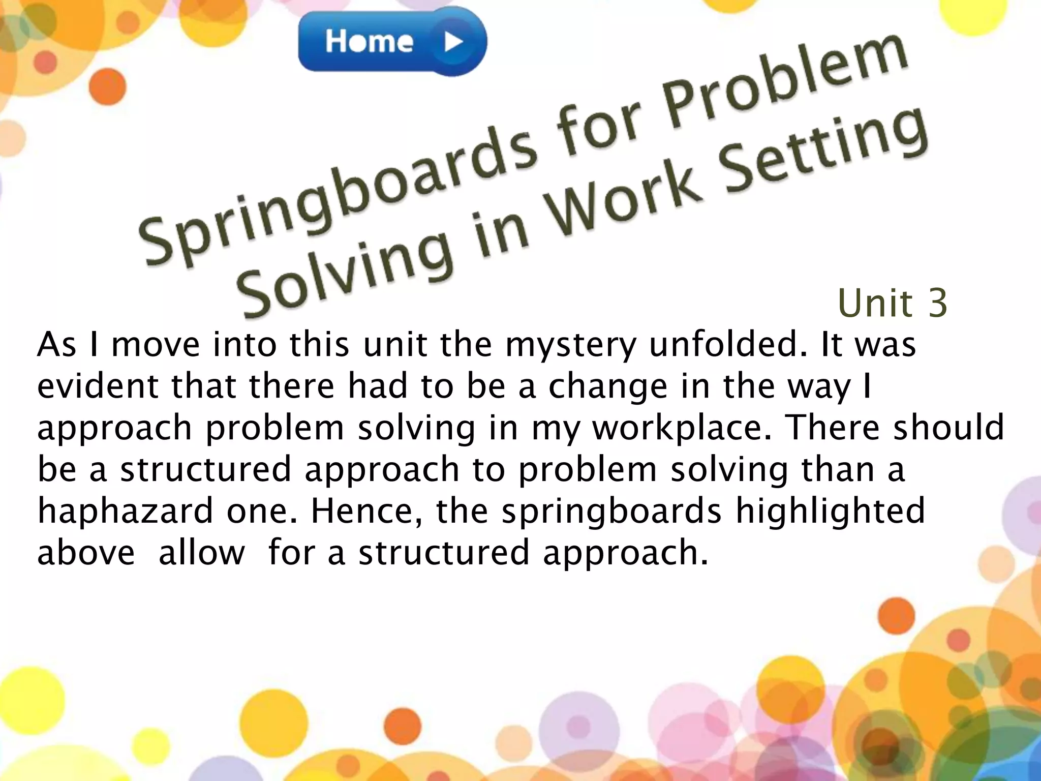 Unit 3
As I move into this unit the mystery unfolded. It was
evident that there had to be a change in the way I
approach problem solving in my workplace. There should
be a structured approach to problem solving than a
haphazard one. Hence, the springboards highlighted
above allow for a structured approach.
 