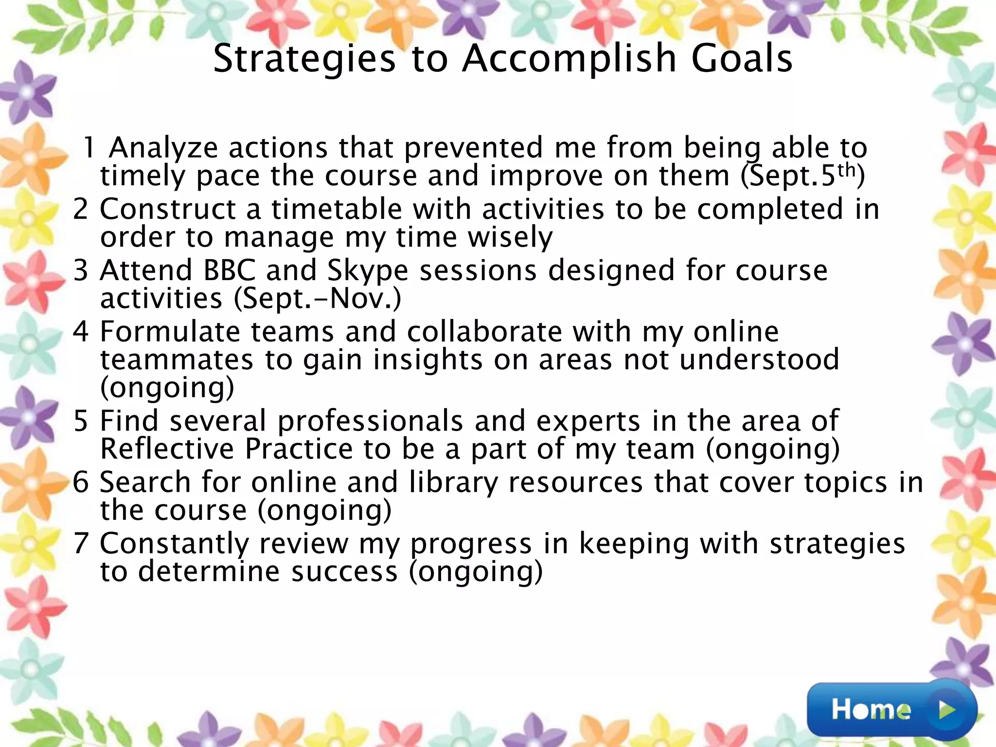 1 Analyze actions that prevented me from being able to
timely pace the course and improve on them (Sept.5th)
2 Construct a timetable with activities to be completed in
order to manage my time wisely
3 Attend BBC and Skype sessions designed for course
activities (Sept.-Nov.)
4 Formulate teams and collaborate with my online
teammates to gain insights on areas not understood
(ongoing)
5 Find several professionals and experts in the area of
Reflective Practice to be a part of my team (ongoing)
6 Search for online and library resources that cover topics in
the course (ongoing)
7 Constantly review my progress in keeping with strategies
to determine success (ongoing)
Strategies to Accomplish Goals
 