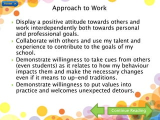  Display a positive attitude towards others and
work interdependently both towards personal
and professional goals.
 Collaborate with others and use my talent and
experience to contribute to the goals of my
school.
 Demonstrate willingness to take cues from others
(even students) as it relates to how my behaviour
impacts them and make the necessary changes
even if it means to up-end traditions.
 Demonstrate willingness to put values into
practice and welcomes unexpected detours.
Approach to Work
Continue Reading
 