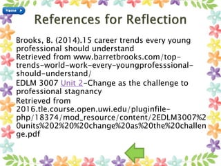 Brooks, B. (2014).15 career trends every young
professional should understand
Retrieved from www.barretbrooks.com/top-
trends-world-work-every-youngprofesssional-
should-understand/
EDLM 3007 Unit 2-Change as the challenge to
professional stagnancy
Retrieved from
2016.tle.course.open.uwi.edu/pluginfile-
php/18374/mod_resource/content/2EDLM3007%2
0units%202%20%20change%20as%20the%20challen
ge.pdf
 