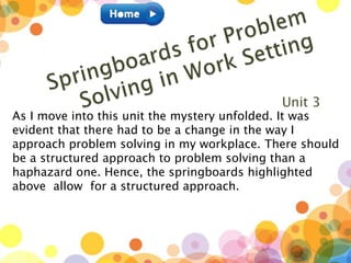 Unit 3
As I move into this unit the mystery unfolded. It was
evident that there had to be a change in the way I
approach problem solving in my workplace. There should
be a structured approach to problem solving than a
haphazard one. Hence, the springboards highlighted
above allow for a structured approach.
 