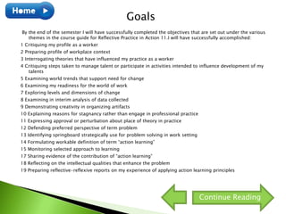 By the end of the semester I will have successfully completed the objectives that are set out under the various
themes in the course guide for Reflective Practice in Action 11.I will have successfully accomplished:
1 Critiquing my profile as a worker
2 Preparing profile of workplace context
3 Interrogating theories that have influenced my practice as a worker
4 Critiquing steps taken to manage talent or participate in activities intended to influence development of my
talents
5 Examining world trends that support need for change
6 Examining my readiness for the world of work
7 Exploring levels and dimensions of change
8 Examining in interim analysis of data collected
9 Demonstrating creativity in organizing artifacts
10 Explaining reasons for stagnancy rather than engage in professional practice
11 Expressing approval or perturbation about place of theory in practice
12 Defending preferred perspective of term problem
13 Identifying springboard strategically use for problem solving in work setting
14 Formulating workable definition of term “action learning”
15 Monitoring selected approach to learning
17 Sharing evidence of the contribution of “action learning”
18 Reflecting on the intellectual qualities that enhance the problem
19 Preparing reflective-reflexive reports on my experience of applying action learning principles
Goals
Continue Reading
 