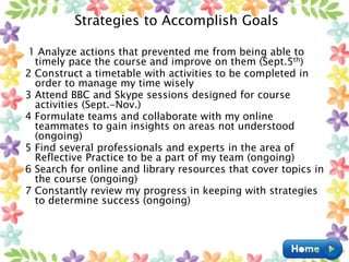 1 Analyze actions that prevented me from being able to
timely pace the course and improve on them (Sept.5th)
2 Construct a timetable with activities to be completed in
order to manage my time wisely
3 Attend BBC and Skype sessions designed for course
activities (Sept.-Nov.)
4 Formulate teams and collaborate with my online
teammates to gain insights on areas not understood
(ongoing)
5 Find several professionals and experts in the area of
Reflective Practice to be a part of my team (ongoing)
6 Search for online and library resources that cover topics in
the course (ongoing)
7 Constantly review my progress in keeping with strategies
to determine success (ongoing)
Strategies to Accomplish Goals
 