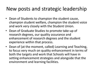 New posts and strategic leadership Dean of Students to champion the student cause, champion student welfare, champion the student voice and work very closely with the Student Union. Dean of Graduate Studies to promote take-up of research degrees, our quality assurance and enhancement of research degrees and the student experience within that process. Dean of (at the moment, called) Learning and Teaching, to focus very much on quality enhancement in terms of both the targets and work that Schools will have in setting enhancement strategies and alongside that the environment and learning facilities.   