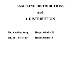 Dr. Yaminn Aung Hosp: Admin- 21
Dr. Su Thet Maw Hosp: Admin- 5
SAMPLING DISTRIBUTIONS
And
t DISTRIBUTION
 