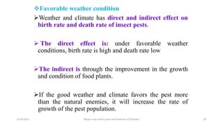 Favorable weather condition
Weather and climate has direct and indirect effect on
birth rate and death rate of insect pests.
 The direct effect is: under favorable weather
conditions, birth rate is high and death rate low
The indirect is through the improvement in the growth
and condition of food plants.
If the good weather and climate favors the pest more
than the natural enemies, it will increase the rate of
growth of the pest population.
6/14/2023 “Major crop insect pests and Diseases of Ethiopia” 28
 