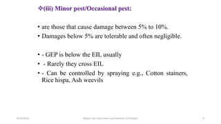 (iii) Minor pest/Occasional pest:
• are those that cause damage between 5% to 10%.
• Damages below 5% are tolerable and often negligible.
• - GEP is below the EIL usually
• - Rarely they cross EIL
• - Can be controlled by spraying e.g., Cotton stainers,
Rice hispa, Ash weevils
6/14/2023 “Major crop insect pests and Diseases of Ethiopia” 8
 