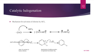 03/19/2025
12
Catalytic halogenation
 Mechanism for activation of chlorine by AlCl3
and subsequent halogenation
.
Cl-Cl [ Cl-Cl-AlCl3 Cl-AlCl4]
AlCl3
Cl AlCl4
Cl
H
Cl-AlHCl3
Cl
attack by aromatic pi
bond at chlorine
deprotonation of addition product
to regenerate the aromatic ring
 
