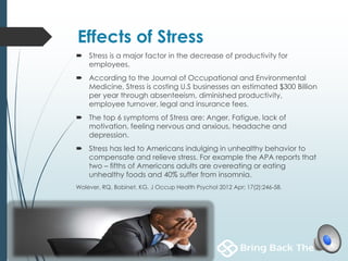 Effects of Stress
 Stress is a major factor in the decrease of productivity for
employees.
 According to the Journal of Occupational and Environmental
Medicine, Stress is costing U.S businesses an estimated $300 Billion
per year through absenteeism, diminished productivity,
employee turnover, legal and insurance fees.
 The top 6 symptoms of Stress are: Anger, Fatigue, lack of
motivation, feeling nervous and anxious, headache and
depression.
 Stress has led to Americans indulging in unhealthy behavior to
compensate and relieve stress. For example the APA reports that
two – fifths of Americans adults are overeating or eating
unhealthy foods and 40% suffer from insomnia.
Wolever, RQ, Bobinet, KG. J Occup Health Psychol 2012 Apr; 17(2):246-58.
 