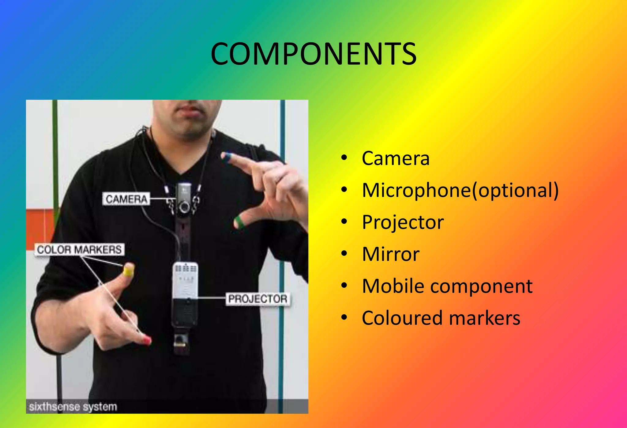 COMPONENTS
• Camera
• Microphone(optional)
• Projector
• Mirror
• Mobile component
• Coloured markers
 