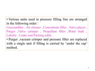 • Various units used in pressure filling line are arranged
in the following order :
Unscrambler , Air cleaner , Concentrate filler , Valve placer ,
Purger ,Valve crimper , Propellant filler ,Water bath ,
Labeler , Coder and Packing table .
• Purger ,vacuum crimper and pressure filler are replaced
with a single unit if filling is carried by ‘under the cap’
method.
24
 