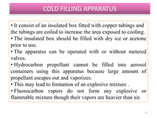 COLD FILLING APPARATUS
27
• It consist of an insulated box fitted with copper tubings and
the tubings are coiled to increase the area exposed to cooling.
• The insulated box should be filled with dry ice or acetone
prior to use.
• The apparatus can be operated with or without metered
valves.
• Hydrocarbon propellant cannot be filled into aerosol
containers using this apparatus because large amount of
propellant escapes out and vaporizes.
• This may lead to formation of an explosive mixture .
• Fluorocarbon vapors do not form any explosive or
flammable mixture though their vapors are heavier than air.
 