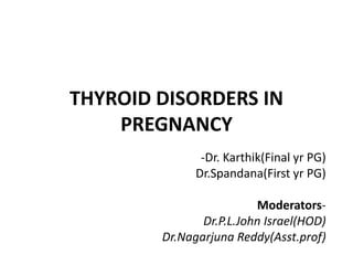 THYROID DISORDERS IN
PREGNANCY
-Dr. Karthik(Final yr PG)
Dr.Spandana(First yr PG)
Moderators-
Dr.P.L.John Israel(HOD)
Dr.Nagarjuna Reddy(Asst.prof)
 