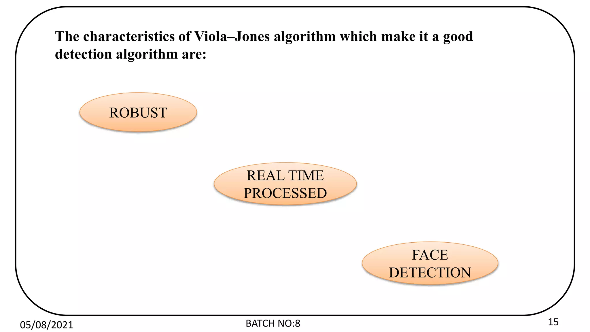 BATCH NO:8 15
The characteristics of Viola–Jones algorithm which make it a good
detection algorithm are:
ROBUST
REAL TIME
PROCESSED
FACE
DETECTION
05/08/2021
 