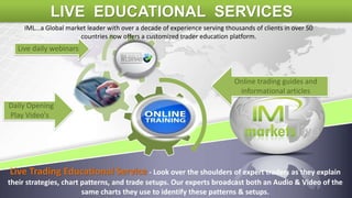 IML...a Global market leader with over a decade of experience serving thousands of clients in over 50
countries now offers a customized trader education platform.
Live Trading Educational Service - Look over the shoulders of expert traders as they explain
their strategies, chart patterns, and trade setups. Our experts broadcast both an Audio & Video of the
same charts they use to identify these patterns & setups.
LIVE EDUCATIONAL SERVICES
Live daily webinars
Daily Opening
Play Video's
Online trading guides and
informational articles
 