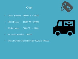 Cost
• 150 lt freezers 5000 * 4 = 20000
• 500 lt freezer 15000 *4 = 60000
• Waffle maker 3000 *2 = 6000
• Ice cream machine 150000
• Truck traveller (Force traveller 4020) rs 400000
 