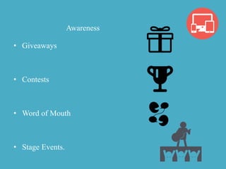 Awareness
• Giveaways
• Contests
• Word of Mouth
• Stage Events.
 