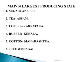  1. SUGARCANE- U.P
 2. TEA- ASSAM.
 3. COFFEE- KARNATAKA.
 4. RUBBER- KERALA.
 5. COTTON- MAHARASHTRA.
 6. JUTE W.BENGAL
InfoDas.site
 