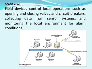 SCADA contd…

Field devices control local operations such as
opening and closing valves and circuit breakers,
collecting data from sensor systems, and
monitoring the local environment for alarm
conditions.

 