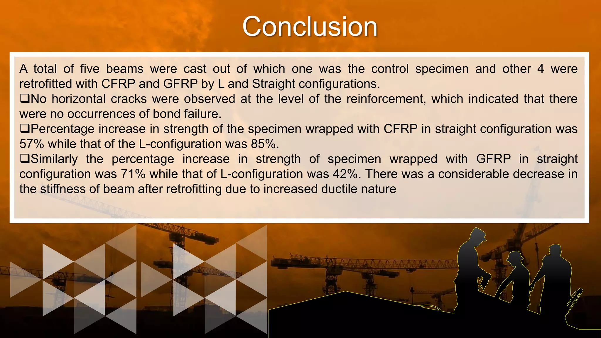 Conclusion
A total of five beams were cast out of which one was the control specimen and other 4 were
retrofitted with CFRP and GFRP by L and Straight configurations.
No horizontal cracks were observed at the level of the reinforcement, which indicated that there
were no occurrences of bond failure.
Percentage increase in strength of the specimen wrapped with CFRP in straight configuration was
57% while that of the L-configuration was 85%.
Similarly the percentage increase in strength of specimen wrapped with GFRP in straight
configuration was 71% while that of L-configuration was 42%. There was a considerable decrease in
the stiffness of beam after retrofitting due to increased ductile nature
 