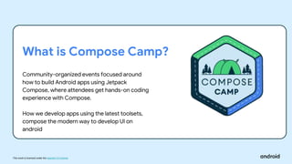 This work is licensed under the Apache 2.0 License
What is Compose Camp?
Community-organized events focused around
how to build Android apps using Jetpack
Compose, where attendees get hands-on coding
experience with Compose.
How we develop apps using the latest toolsets,
compose the modern way to develop UI on
android
 