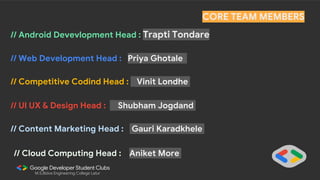 CORE TEAM MEMBERS
M.S.Bidve Engineering College Latur
// Android Devevlopment Head : Trapti Tondare
// Web Development Head : Priya Ghotale
// Competitive Codind Head : Vinit Londhe
// UI UX & Design Head : Shubham Jogdand
// Content Marketing Head : Gauri Karadkhele
// Cloud Computing Head : Aniket More
 