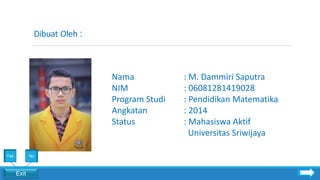 Dibuat Oleh :
Nama : M. Dammiri Saputra
NIM : 06081281419028
Program Studi : Pendidikan Matematika
Angkatan : 2014
Status : Mahasiswa Aktif
Universitas Sriwijaya
Exit
Yes No
 