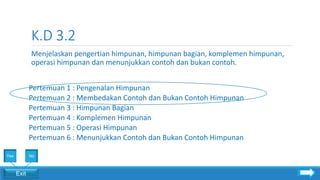 K.D 3.2
Menjelaskan pengertian himpunan, himpunan bagian, komplemen himpunan,
operasi himpunan dan menunjukkan contoh dan bukan contoh.
Pertemuan 1 : Pengenalan Himpunan
Pertemuan 2 : Membedakan Contoh dan Bukan Contoh Himpunan
Pertemuan 3 : Himpunan Bagian
Pertemuan 4 : Komplemen Himpunan
Pertemuan 5 : Operasi Himpunan
Pertemuan 6 : Menunjukkan Contoh dan Bukan Contoh Himpunan
Exit
Yes No
 