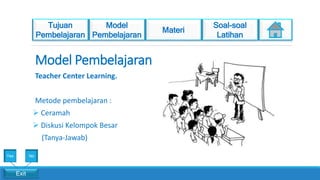 Model Pembelajaran
Teacher Center Learning.
Metode pembelajaran :
 Ceramah
 Diskusi Kelompok Besar
(Tanya-Jawab)
Exit
Yes No
 