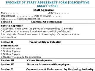 Staff Appraisal Name . . . . . . . Job Title . . . . . . .  Department . . . . . . . . . . . . Date of Review . . . . . . .  Age . . . . . .. . Years in present job Section I   Appraisal Of Performance Note to Appraiser Appraisal must cover the period of the preceding 12 months Consideration to every function & responsibility of the job An objective factual assessment of an employee’s improvement or deterioration Section II Promotability & Potential Promotability Promotion now Within 2 years Within 5 years Unlikely to qualify for promotion Section III   Career Development Section IV   Notes on Interview with employee Section V   Comments on & Endorsement by Reviewing Authority  Specimen of Staff Assessment Form [Descriptive Essay Type] 