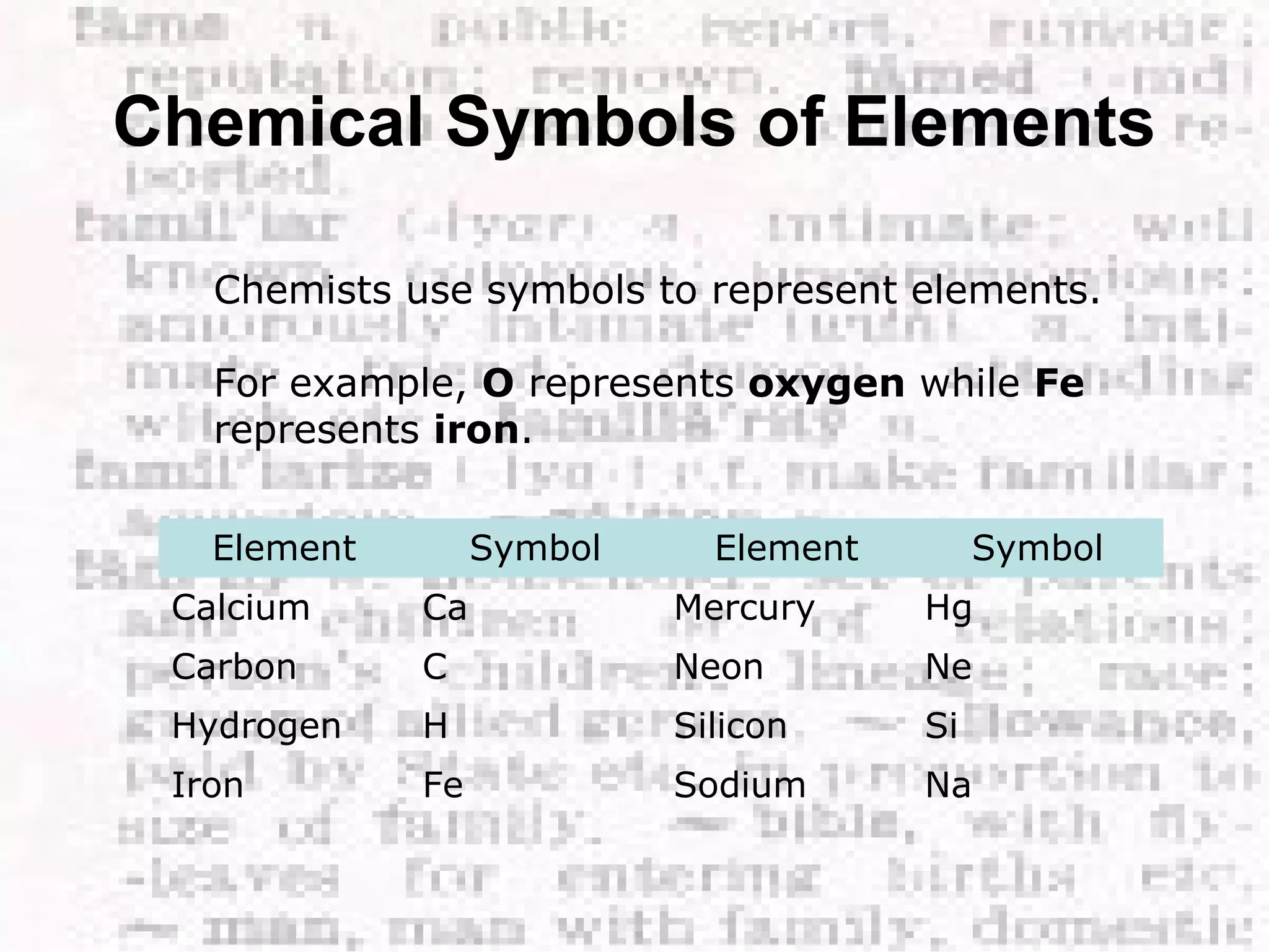 Chemical Symbols of Elements 
Chemists use symbols to represent elements. 
For example, O represents oxygen while Fe 
represents iron. 
Element Symbol Element Symbol 
Calcium Ca Mercury Hg 
Carbon C Neon Ne 
Hydrogen H Silicon Si 
Iron Fe Sodium Na 
 