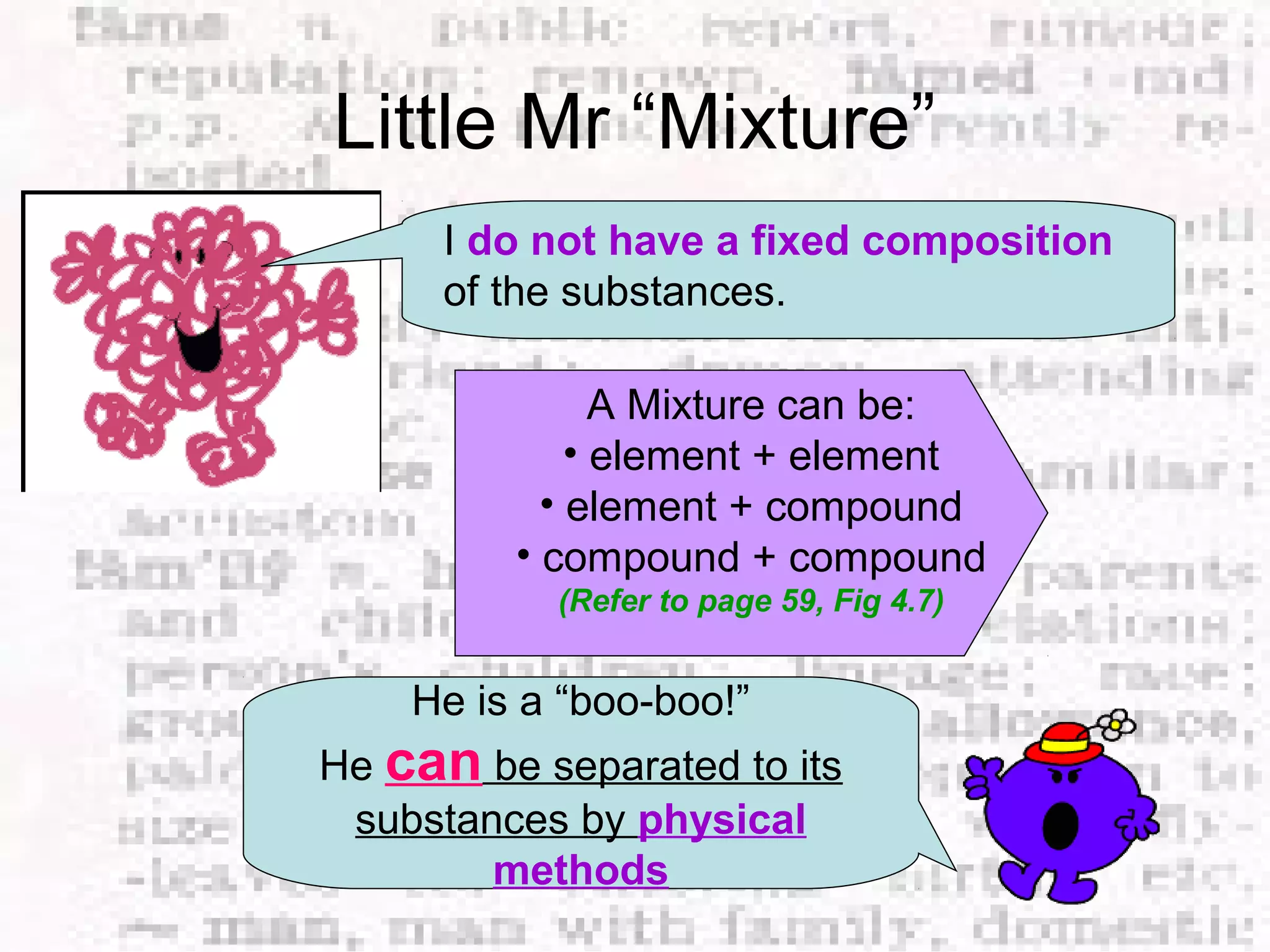 Little Mr “Mixture” 
I do not have a fixed composition 
of the substances. 
A Mixture can be: 
• element + element 
• element + compound 
• compound + compound 
(Refer to page 59, Fig 4.7) 
He is a “boo-boo!” 
He can be separated to its 
substances by physical 
methods 
 
