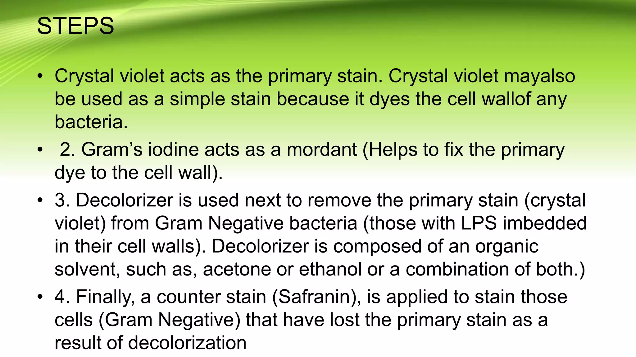 STEPS
• Crystal violet acts as the primary stain. Crystal violet mayalso
be used as a simple stain because it dyes the cell wallof any
bacteria.
• 2. Gram’s iodine acts as a mordant (Helps to fix the primary
dye to the cell wall).
• 3. Decolorizer is used next to remove the primary stain (crystal
violet) from Gram Negative bacteria (those with LPS imbedded
in their cell walls). Decolorizer is composed of an organic
solvent, such as, acetone or ethanol or a combination of both.)
• 4. Finally, a counter stain (Safranin), is applied to stain those
cells (Gram Negative) that have lost the primary stain as a
result of decolorization
 
